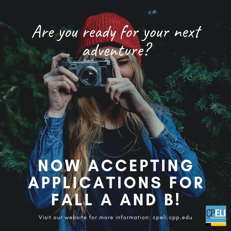 CalPolyELI's tweet photo. Are you ready for your next great adventure? CPELI is accepting applications for Fall A and B! Visit our website or contact us for more information. We are excited to welcome you into our CPELI family.<3 #weareCPELI
#cpeli #calpolyenglishlanguageinstitute #studyenglish https://t.co/Syihlmw5ld