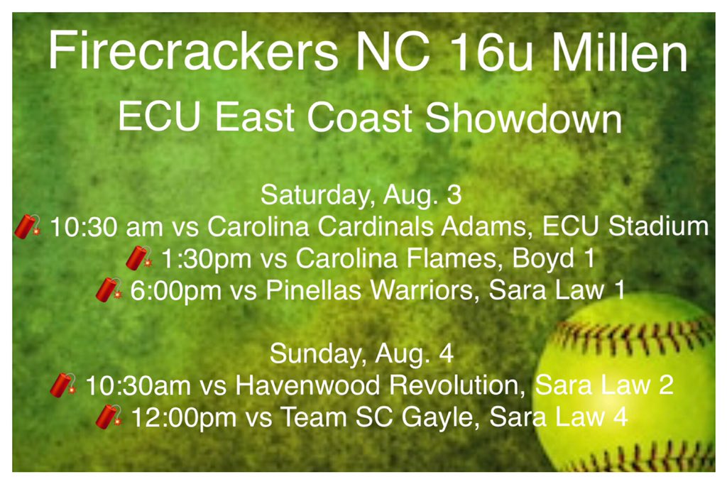 FCNCMillen's tweet photo. Coaches come watch Firecrackers NC 16u Millen🧨 ladies play in the ECU East Coast Showdown this weekend @UNCGSoftball @UNCWsoftball @UNCSoftball @PfeifferSball @AppStateSB @CofCSoftball @ECUSoftball @LRSoftball @queens_softball @PRESBYSB @CoastalSoftball @JMUSoftball @CharlotteSB https://t.co/oUUB2UMP5p
