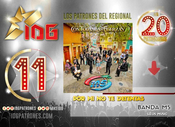 idgruperaofi's tweet photo. #Las20PatronasIDG #Lugar11
POR MI NO TE DETENGAS @BANDA_MS
https://t.co/5cGGC6o2pa / @tunein #IDGRadio
#ChartMusical #conteo
#RT @LizosMusic @sergiolga_ms @SaraEvaP @waloms https://t.co/7uiG4WqgVw