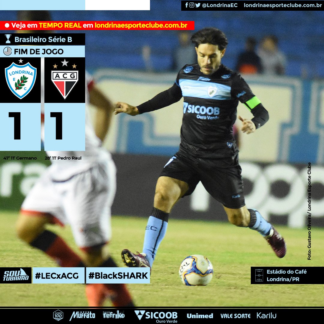 LondrinaEC's tweet photo. FIM DE JOGO!! 🦈

O #LondrinaEC empatou com o #Atlético #Goianiense em 1 a 1, no Estádio do #Café, pela #S��rieB
Time comandado pelo técnico #Alemão chega aos 24 pontos na competição!

#ÉoAnoDoAcesso
#SouTubarão #VamosPraCimaTubarão #LECxACG #BlackShark https://t.co/GXfrASvvRu
