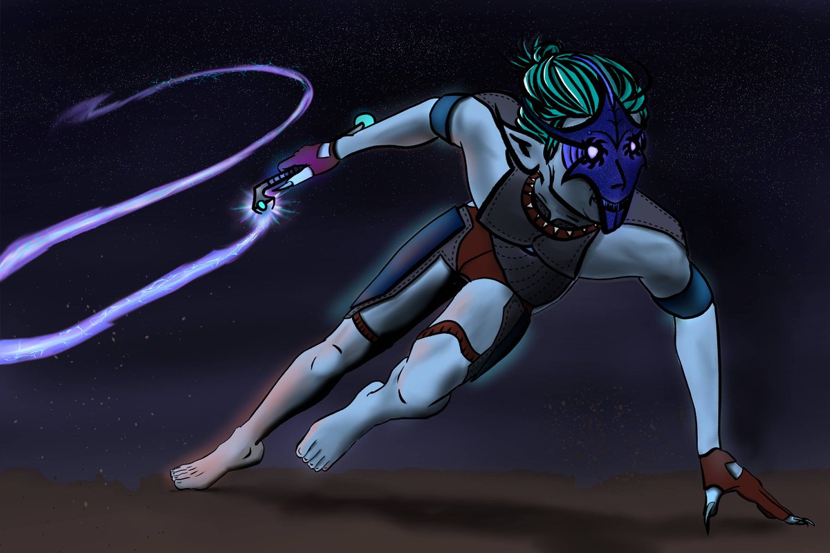 gwingcommander's tweet photo. Created the lightning whip with a source flair and a glowing tendril. Darkened background colors + added star particles to the sky. Darker shade makes the glow effects pop. Drop shadow for the character on the ground.  #clipstudiopaint #wip #practice #sketching #coloring https://t.co/29MhI7jp2p