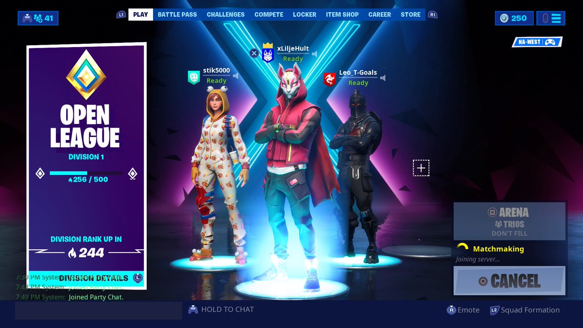 Selección de Fortnite iniciando a jugar en Arena por primera vez en la temporada. <a href="/LeoPROSKATE/">Rippletzy 🔰</a> @JPMX71 @Bennett_Mendoza #FuerzaDiablos  #PS4share