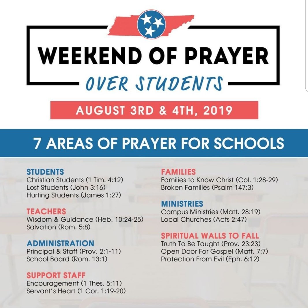 FBCGRefuge's tweet photo. We hope everyone can join us in lifting up our students, faculty, staff and administrators this weekend!!! #Pray4StudentsTN #Prayer4Schools #WkndOfPrayer19 https://t.co/mOVvPsG7ww