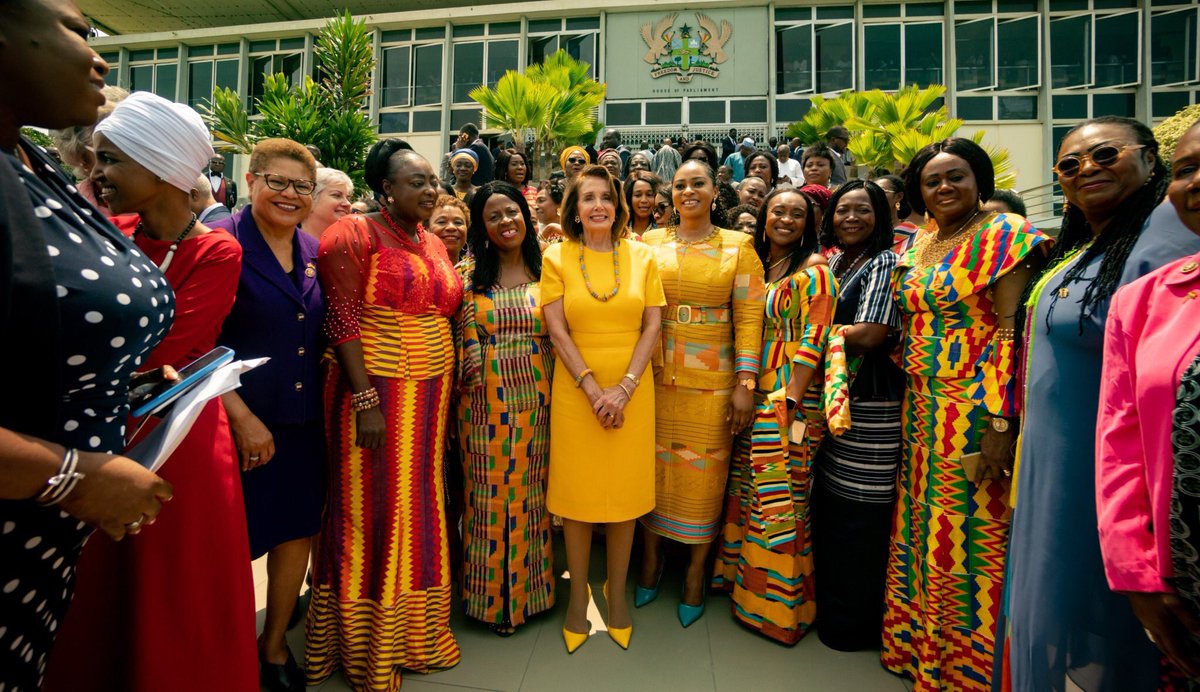 PressGavin's tweet photo. My Aunt Nancy is experiencing the rich cultural traditions of Ghana. 

If there is one thing that unites women of every gender, race, and sexual preference, it's the leadership of the US Speaker of the House. https://t.co/yErD4txtsh