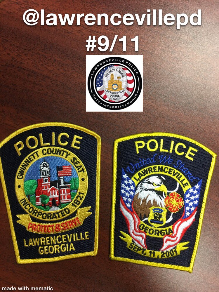 LawrencevillePD's tweet photo. We’re kicking off a giveaway tonight. Up for grabs are two of our patches: one is our 9/11 commemorative patch we wear during September. Follow, Retweet, and we’ll pick a winner on 8/23/2019 #NeverForget @DentonCountyDA #LivePD https://t.co/yGLTzzXKni