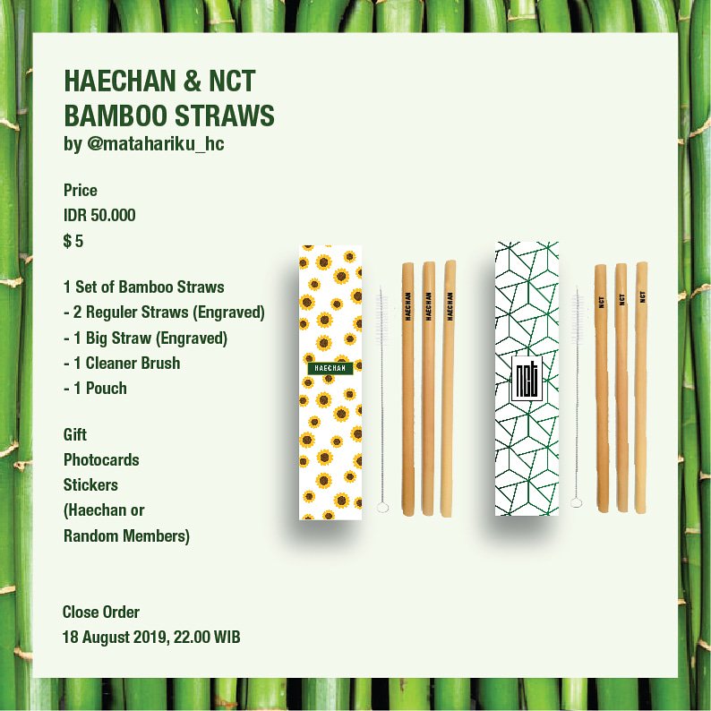 [HELP RT]

OPEN PO

🎋 NCT & HAECHAN BAMBOO STRAW INA
by @matahariku_hc

💵 IDR 50k/set ($5)
🎁 PC & photo sticker

Item details in pic!
For order isi form ini👇
bit.ly/hcbamboo

For overseas GO please DM me 😊

#해찬 #동혁 #HAECHAN #NCT #NCT127 #NCTDREAM #bamboostraw