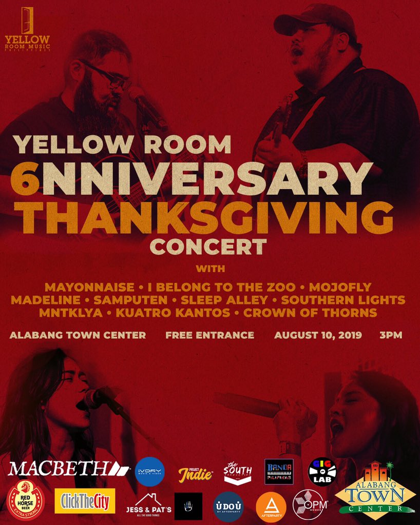 Save the date because on August 10 (Saturday) at Alabang Town Center, Muntinlupa City, @TheYellowRoomPH will be having their Thanksgiving Concert! Entrance is absolutely FREE so don’t miss it! 

#YellowRoomSix
#YellowRoomPH