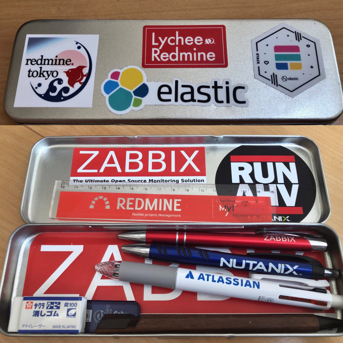 りょうま Redmine Tokyo参加ありがとう Di Twitter 100均の缶ペンケースがあまりにもシンプルすぎるので余ってるシールでゴテゴテにしてやった ノベルティで赤ボールペンはほとんどないので それだけatlassian Redmine Nutanix Zabbix Elastic