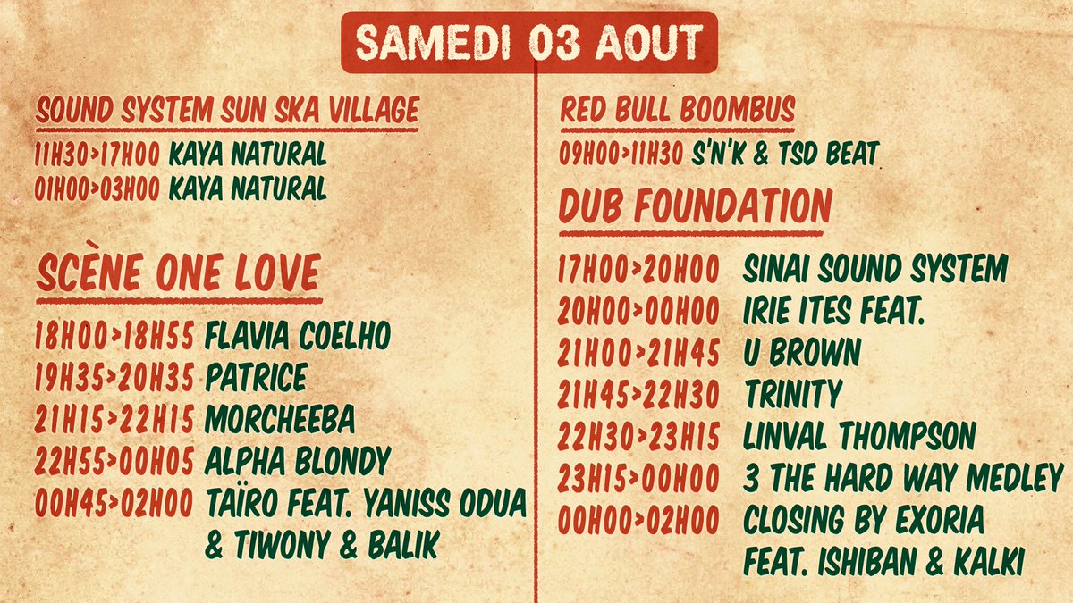 SunSkaFestival's tweet photo. 🦁 HORAIRES - SAMEDI 3 AOÛT 🦁
⭐️Billetterie : 14h / 00h
😄Pose de bracelets / accueil camping 10h - 00h
🧐Point Info : 10h - 20h
🔥Site Concerts : 17h - 2h30 🔥
🚌 Boom Bus : 9h - 11h30h
🔈Kaya Sound System : 11h30 - 17h / 1h - 3h
#SunSka #SunSka2019 #MonSunSka https://t.co/PwjXlxhSvq