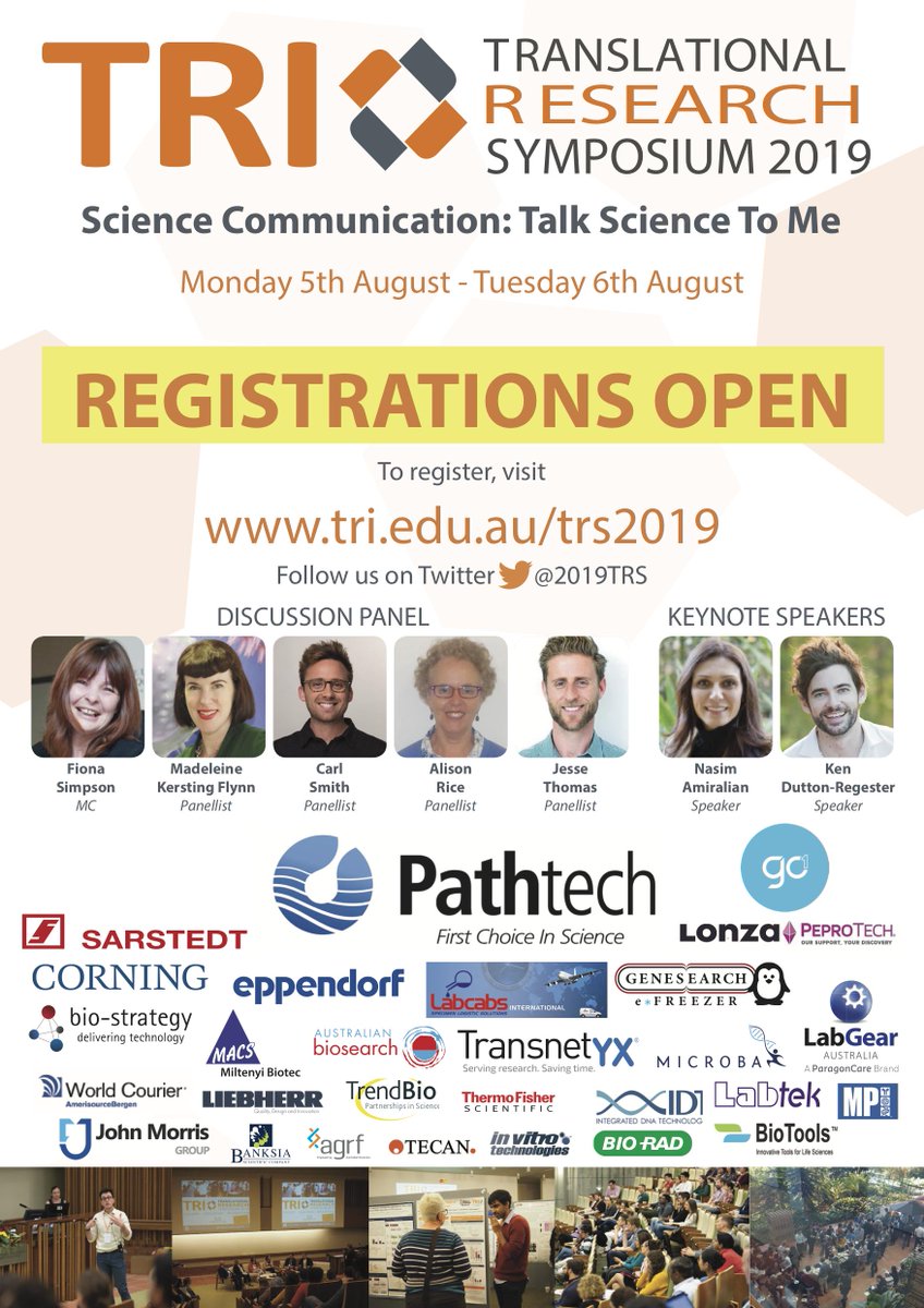 2019TRS's tweet photo. Get in now and REGISTER!  You must to register to receive a free coffee (or beverage from the coffee cart sponsored by Platinum Sponsor Pathtech) including tea, coffee, hot chocolates or more! #TRS2019 @TRI_info @MaterResearch @MaterNews @qut_ihbi @UQMedicine @QIMRBerghofer https://t.co/l3EpzuhKBi