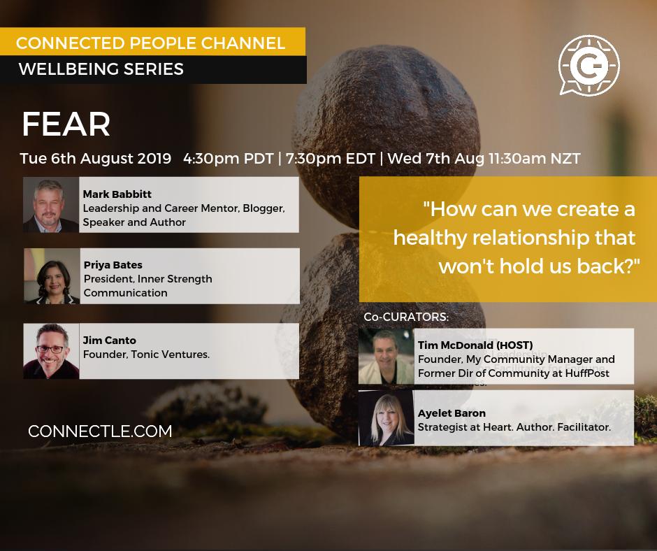 Connectle_'s tweet photo. @tamcdonald @ayeletb @tolja @MarkSBabbitt @InnerStrength2 @SydneyNotSyd Have you registered yet?
Join 
@MarkSBabbitt 
@InnerStrength2 
@JimCanto and 
@tamcdonald 
in a conversation on "Fear" - Aug 6th at 7:30pm EDT.
Register at https://t.co/WJMcLxd8vE - spots still available. 
Replay online August 10th. 
#Fear #Wellbeing #ConnectedPeople #Connectle https://t.co/ibh28NL69x