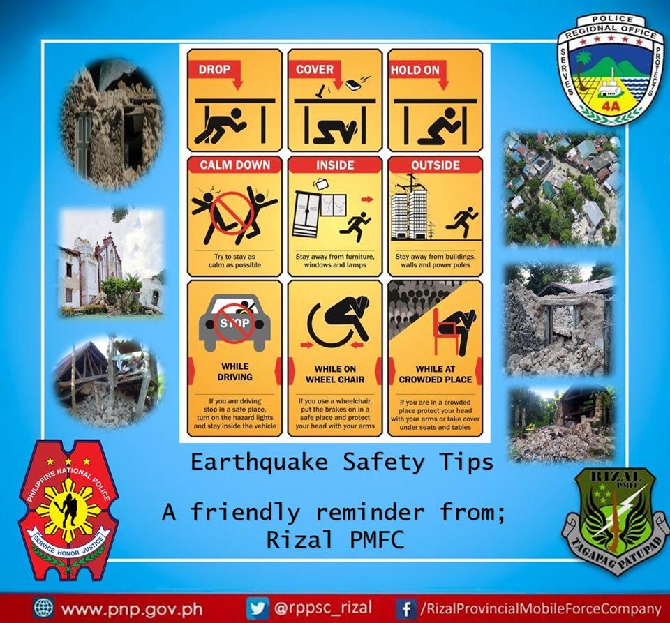 RizalPmfc's tweet photo. #PrayforBatanes
#SafetyTIPSDuringEarthquake
#PhilippineNationalPolice
#PNPChiefOSCARALBAYALDE
#RizalProvincialMobileForceCompany
#HomeofBusinessandTouristFriendlyPolicemen
#PNPPATROLPlan2030 https://t.co/mqBzKjQxqN