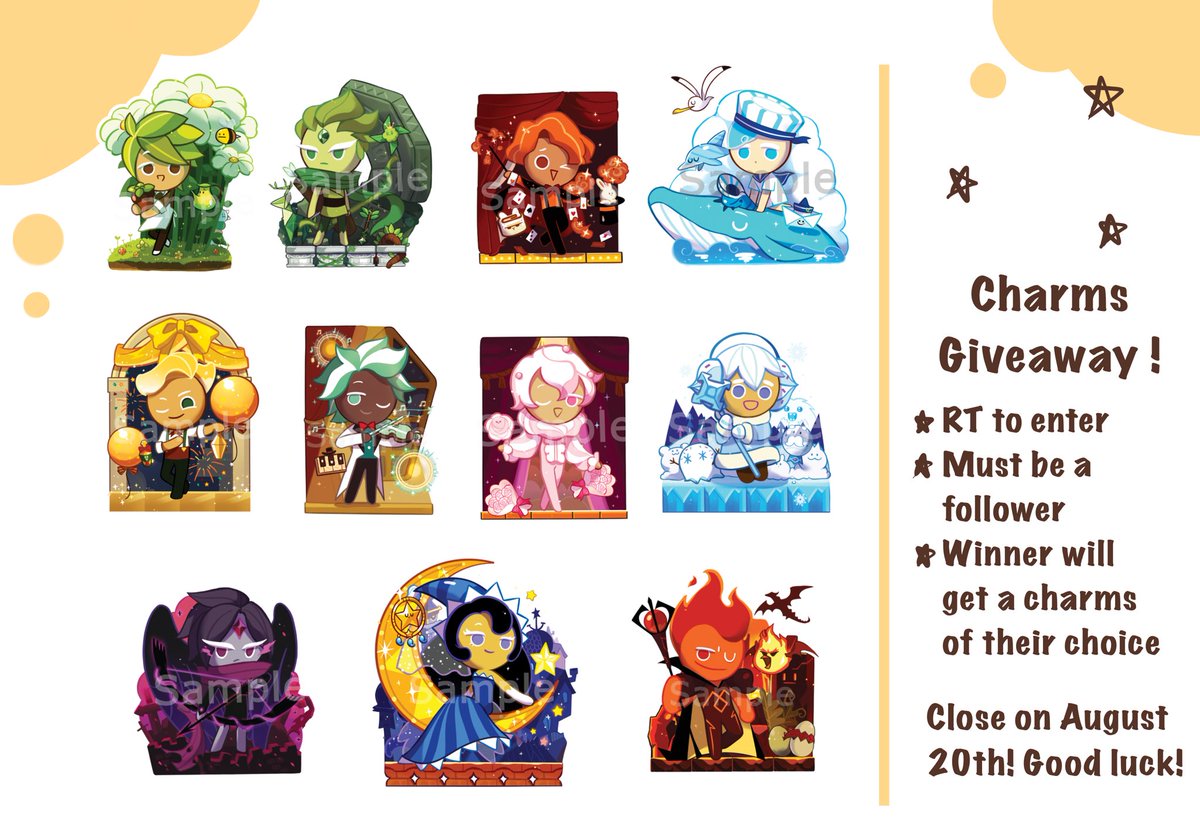 kurolee97's tweet photo. COOKIE RUN CHARMS GIVEAWAY ✨
Thanks for 2k followers! I know I should’ve opened this sooner 😂

✨RT to enter!
✨Must be a follower
2 winners will be chosen randomly and receive 1 charm of their choice! The result will be announced on August 20th 💖

Good luck! 💕 https://t.co/N32FTF3nYg