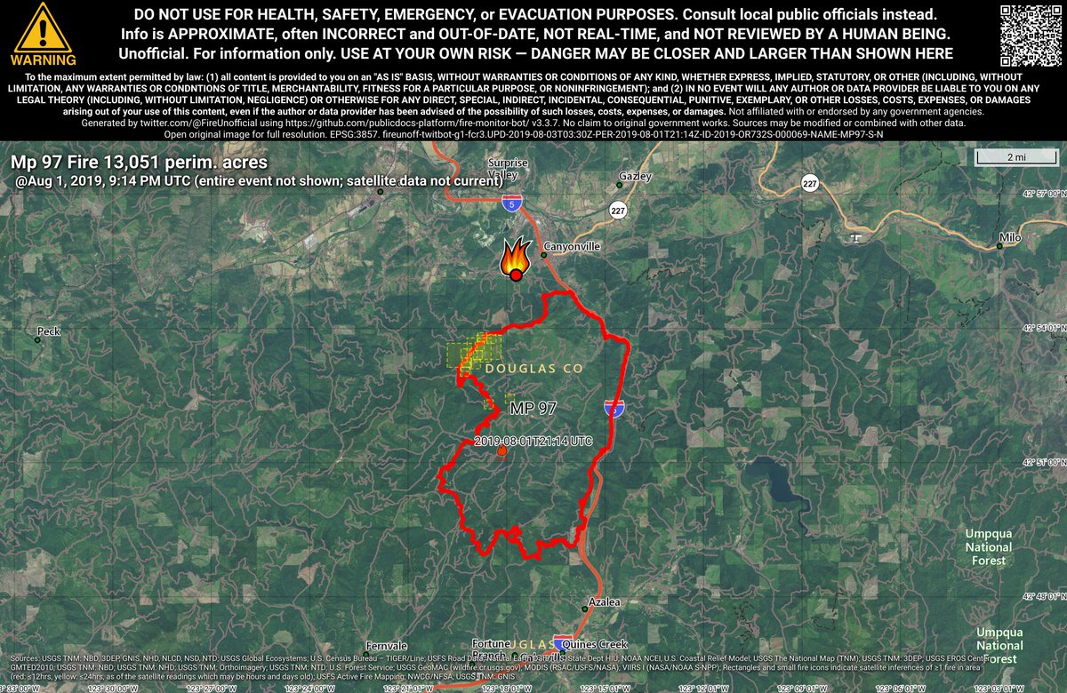 PacNWFireBot's tweet image. #Mp97Fire 🔥 unofficial, automated update.
At Canyonville, OR. ⚠️ DO NOT USE FOR SAFETY PURPOSES - See officials instead. May be incorrect; disclaimers in images.