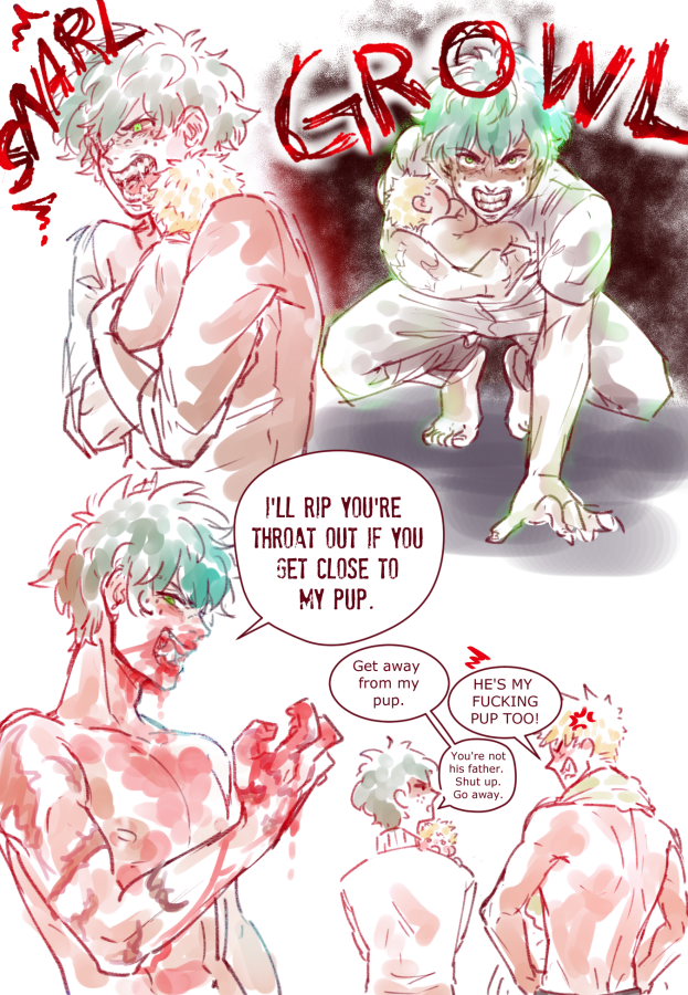 some ppl keep talking about feral omega deku (you know who u r) and i have to say tht is some gourmet ABO shit 👌👌👌
anyways, omega deku has alpha kacchan's pup but they aren't in a relationship so he raises the pup on his own and outright denies kacchan any fathership