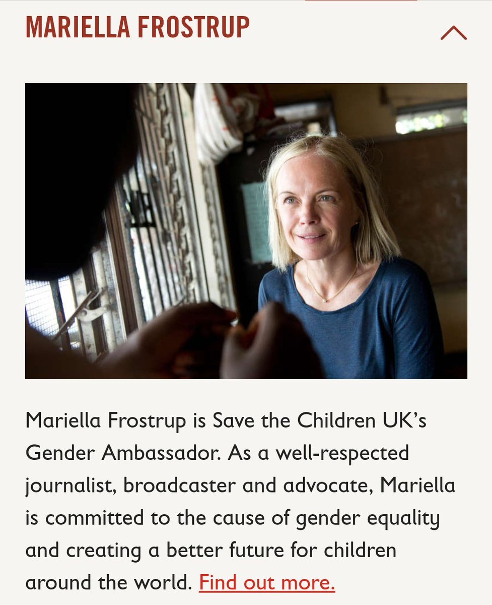 Marielle Frostrup is a prime example of the involvement of those on Epstein's list with children's charities: Oxfam, Save the Children (Gender Ambassador), Children's Society ... She is a director at the Royal Academy of Arts along with Helen Boaden.  https://www.independent.co.uk/news/people/profiles/mariella-frostrup-everyones-best-friend-especially-george-clooney-860880.html