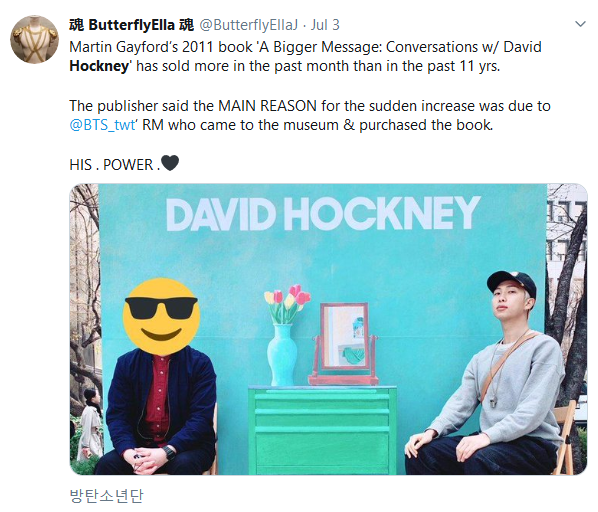 ButterflyEllaJ's tweet photo. @bts_bighit @BTS_twt Haha! It seems it already was! 💚

It's Martin Gayford’s 'A Bigger Message: Conversations w/ David Hockney', which sold more in a month than in the past 11 yrs after RM went to the DH exhibition &amp; purchased the book!

Expect even more sales! RM'S POWER!

#MTVHottest BTS @BTS_twt https://t.co/S1VHqNw2kB