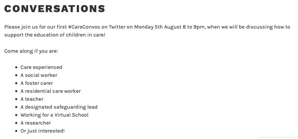 ONLY 2 DAYS to go until the first #CareConvos !!!!!
Thank you to everyone who has been sharing, following and commenting.
Looking forward to discussing how we support the education of children in care on Monday @ 8-9pm.
Don't forget the hashtag.