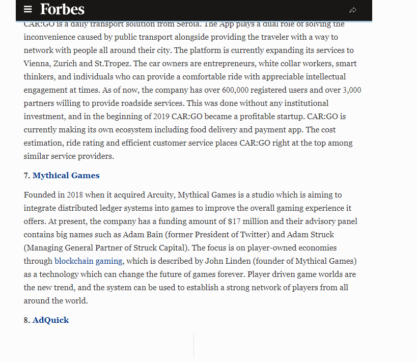 SchifferJana's tweet photo. Mythical Games and NFT mentioned in #Forbes list of:
"10 Disruptive Technology Companies To Watch In 2019"
https://t.co/rxEkHqtZ3X
#nft #dgoods #digitalart #gaming #wax #simpleassets #blockchain #blockchaingaming #eos $eos https://t.co/bKBgx0Ueed