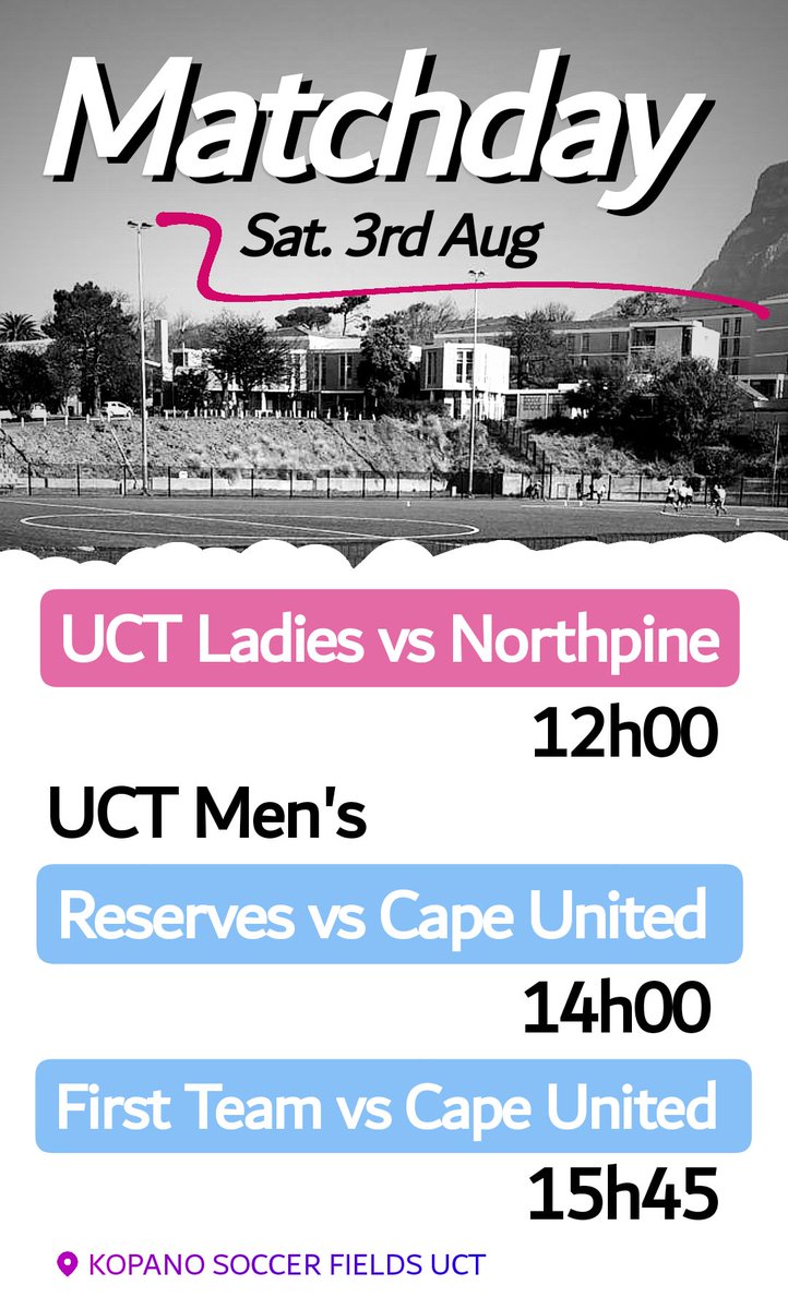 UCTFootballClub's tweet photo. MATCHDAY! #cttfa
✔️ UCT Ladies vs Northpine
✔️ UCT Men's vs Cape United
🕛 First Kickoff at 12h00
📌 Kopano Astro Turf, UCT
#ikeywarriors #uct #uctfc #uctsport #capetown #safa https://t.co/J4zW4gd11J