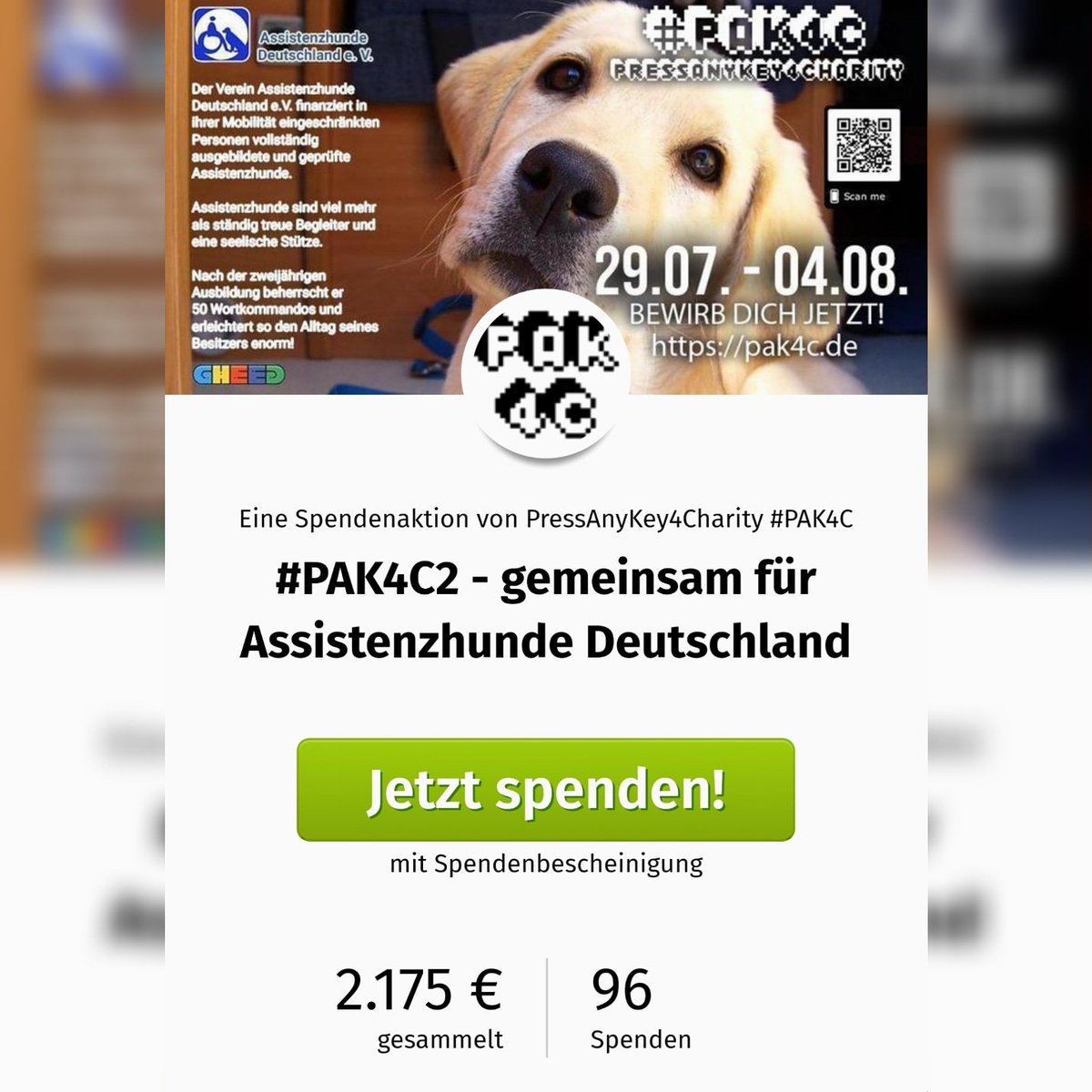Whoop Whoop! 🎉

Vielen Vielen Dank! 🐕❤️

Wir sind gespannt, was uns in den letzten beiden Tagen noch alles erwartet. Auch heute unterhalten Euch unsere StreamerInnen und sammeln - auf ihre Donations verzichtend - Spenden für den <a href="/AssistenzhundeD/">Assistenzhunde Deut.</a>

twitchwall.pak4c.de

#PAK4C