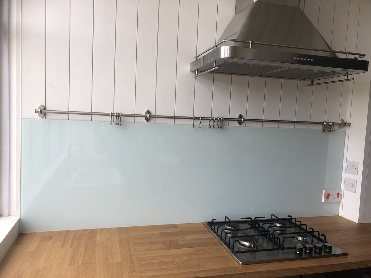 Glass kitchen splashback we fitted colour  <a href="/duluxuk/">Dulux UK | Colour & Inspiration</a> Sea Urchin 6 fitted with <a href="/IKEAUK/">IKEA UK</a> kitchen utensil rail