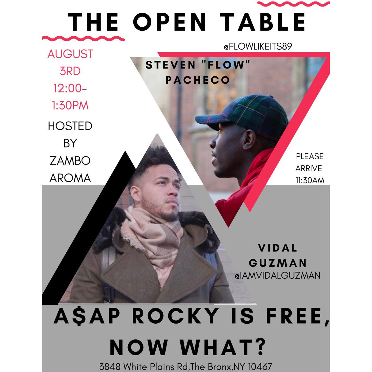 MrStevenPacheco's tweet photo. A$AP Rocky has been released from Sweden’s custody, so our live discussion later today will be centered around what happens now that he is free.🗣

Join @iamvidalguzman &amp; I today from 11:30am - 1:30pm at Zambo Aroma! 🏁

#TheOpenTable #ASAPRockyIsFreeNowWhat #ASAPRocky #HipHopEd https://t.co/mjsy5w8SQL