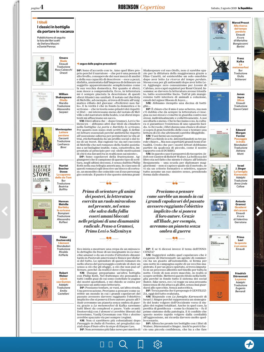 marialauraconte's tweet photo. Partono snob/banali ma poi recuperano: @stefanomassini e #DanielPennac su @Robinson_Rep suggeriscono libri che “salvano” come messaggi in bottiglia. Finale +++ (Certo per leggerli tutti in vacanza, uno dovrebbe avere due mesi almeno di ferie, tuttavia...) https://t.co/4o3nQf0pxN