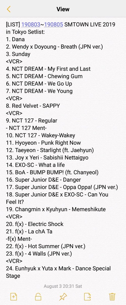 baekumochi's tweet photo. 190803 SMTOWN LIVE 2019 in TOKYO Day 1 setlist

(sorry for any mistakes!)

#SMTOWNLIVE2019inTOKYO https://t.co/ZBny8Utafj