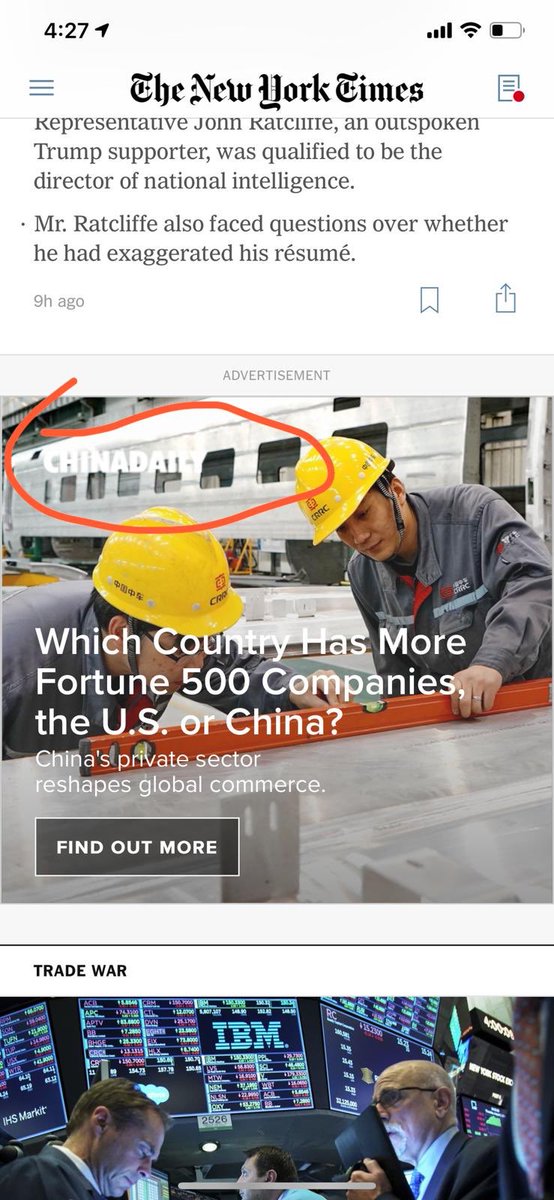 VincentEmond's tweet photo. @nytimes ok, that’s not cool! China Daily advertising in my NYtimes app!!! #freepress #FactsMatter #FreeHongKong https://t.co/c2a9015zPT