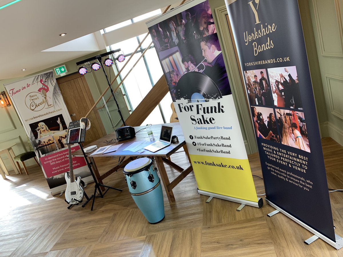 ForFunkSakeBand's tweet photo. All set and ready for the #OpenWeekend at @ManorRooms 
Beautiful venue, sharing a few hours with some fantastic hand picked suppliers, on a beautiful sunny day. 
Promoting @forfunksakeband @barefacedchk and our offering of #yorkshireBands. Here from 10-3pm today 🎤🎸🥁🎷🎺 https://t.co/SurEjlnHaq
