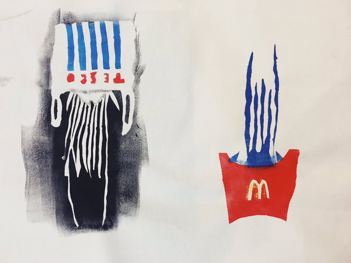 artbashhackney's tweet image. Our first #artbashteencamp is done and our #teenartists did not disappoint. This is our street art inspired stencil on canvas (turning street art on its head 😜) prior to our amazing street art walk! #plasticpollution #brandpollution #oceanpollutuon