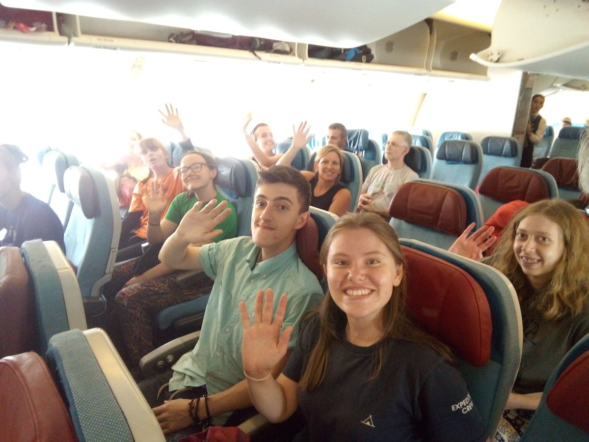 2019Uganda's tweet photo. Day 28 - Yay, at last! Having been scattered around our various flights the lovely guys at #TurkishAirlines have sat us in a big fun seating block....mind you it might be because we need a proper wash...bit whiffy! 

#happybirthdaytochazagain https://t.co/5uxfrMdTCs