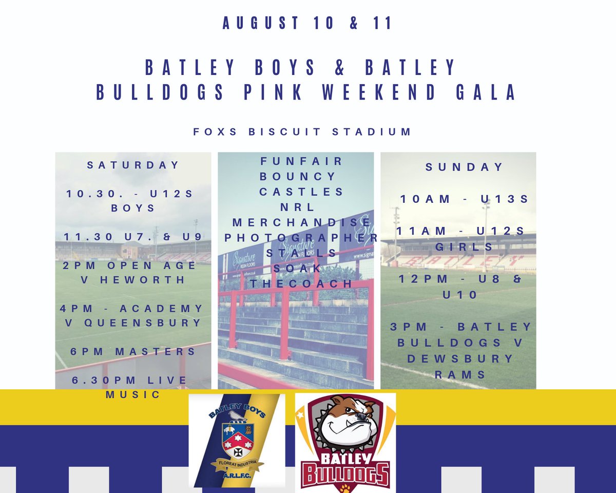 BatleyARLFC's tweet photo. Coming up next weekend, still room for another U7, U8 and U9 team if you’d like to come and join us & @BatleyRLFC for a fun filled weekend 🏉
#pinkweekend
#rugbyleague
#primaryrl https://t.co/4QuRPLz3jg