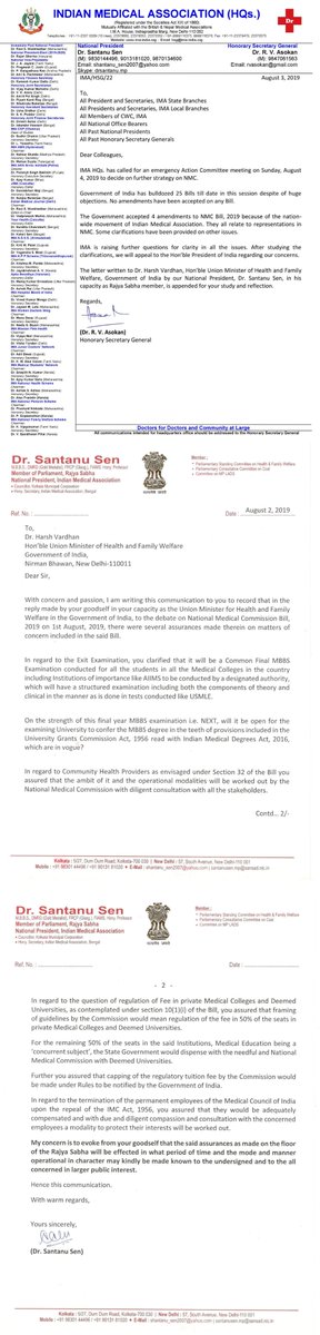 Letter written by Dr. Santanu Sen, National President, IMA to Dr. Harsh Vardhan, Hon'ble Union Minister of Health and Family Welfare, Government of India in his capacity as Member of Parliament, Rajya Sabha