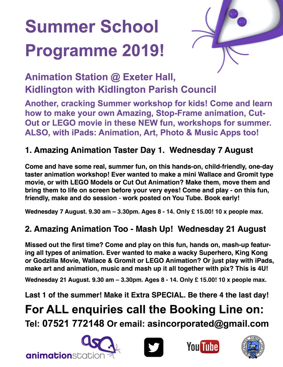 Ani_Station's tweet photo. @KidlingtonOX5 Fun, new animation workshops for Kids at Exeter Hall, Kidlington. OX5. Let them 'Get Animated' no matter what the weather does? Promises to a great day! email: asincorporated@gmail.com. Booking line: 07521 772148 https://t.co/CYXqBey97Y