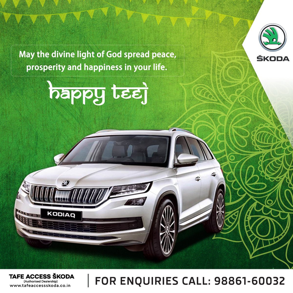 SkodaTafe's tweet photo. Wish you and your loved ones a very Happy Teej. May the magic of this Teej bring lots of happiness in your life. #Teej #Teej2k19 #SkodaIndia #Skoda #TafeSkoda #Bangalore https://t.co/QfNOHMT4tB