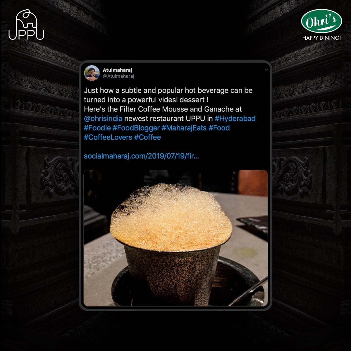 ohrisindia's tweet photo. Thanks Atul for your sharing your wonderful review! 

#ohris #ohrisindia #foodreview #UPPU #hotbeverage #filtercoffee #coffeemousse #hyderabad #foodie #coffeelover #coffee #food https://t.co/dRuLFTxXDM