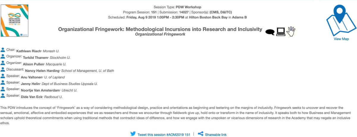 cms_aom's tweet photo. #aom2019 #PDW entitled "Organizational Fringework: Methodological Incursions into Research and Inclusivity" is scheduled on  Friday, Aug 9 1:00PM - 2:30PM at Hilton Boston Back Bay in Adams B @ProfPullen @NancyHarding15 #fringework #research #inclusiveethos https://t.co/ss1tJRTrwP