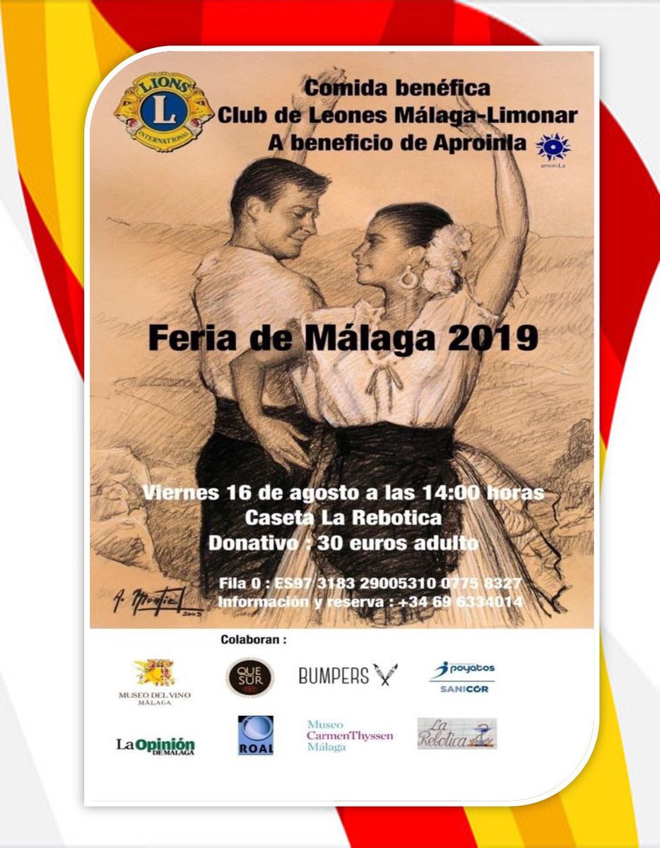lcimd116's tweet photo. #LionsClubMálagaElLimonar con #Aproinla 
El próximo 16 de Agosto #ComidaBenefica en #LaRebotica #disfrutayayuda en la #FeriadeMálaga #FeriaMLG
Reserva llamando al +34 696334014
#Málaga
#LCID116B
#LCIMD116España
#LCIMD116Spain
#NosotrosServimos
#WeServe
#LionsClubsInternational https://t.co/o1nI3vgO46