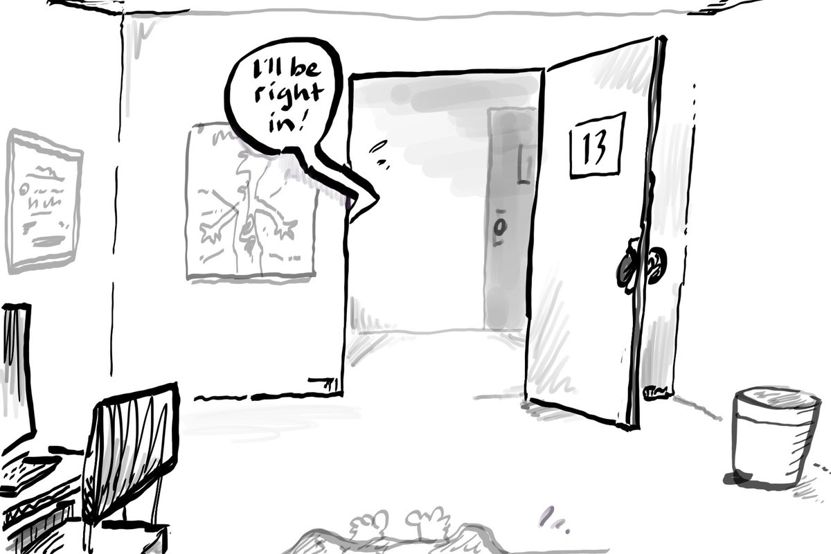 drmaypole's tweet photo. Just before the #doctor of the day appears, #GrumpyKira gets that all too common whopper in #healthcare....Geez. Who will it be? #runninglate #story #graphicmedicine #kidpov #pediatrics https://t.co/zZis8dDORc