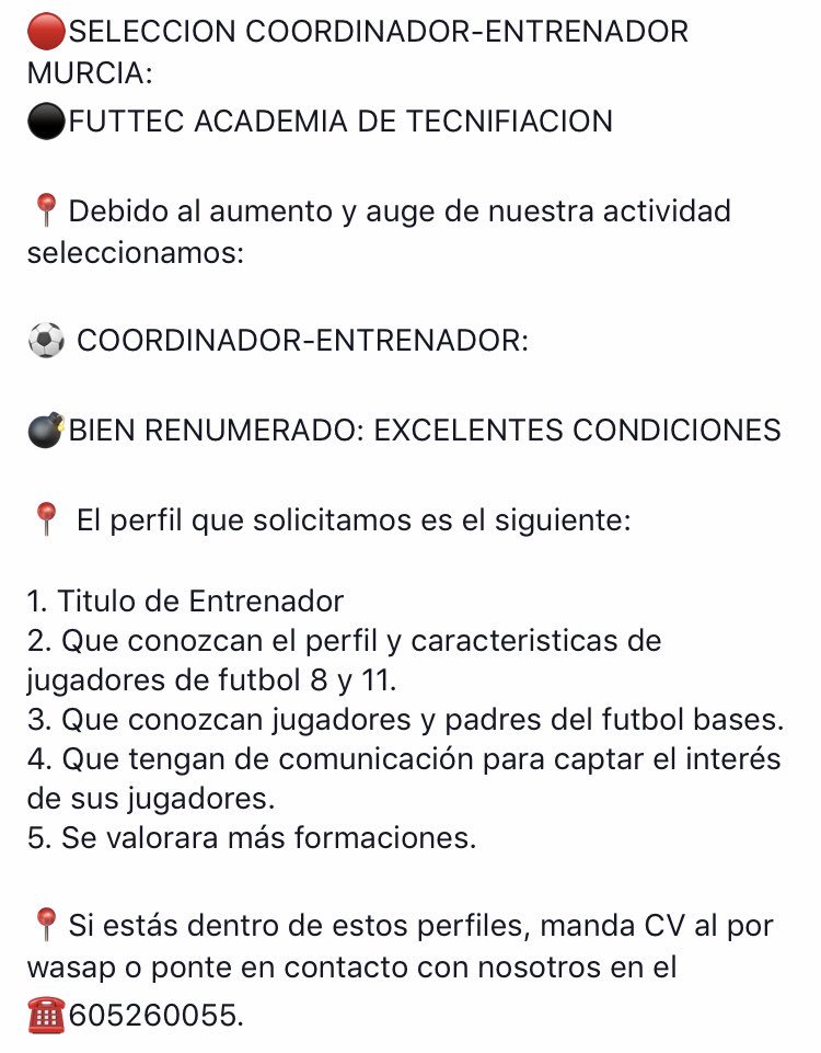 TFuttec's tweet photo. 🔴SELECCION COORDINADOR-ENTRENADOR MURCIA: 
⚫️@TFuttec ACADEMIA DE TECNIFIACION
📍Debido al aumento y auge de nuestra actividad:
⚽️ COORDINADOR-ENTRENADOR:
💣BIEN RENUMERADO: EXCELENTES CONDICIONES
📍Manda CV al por wasap o ponte en contacto con nosotros en el ☎️605260055. https://t.co/xXIyfODny6