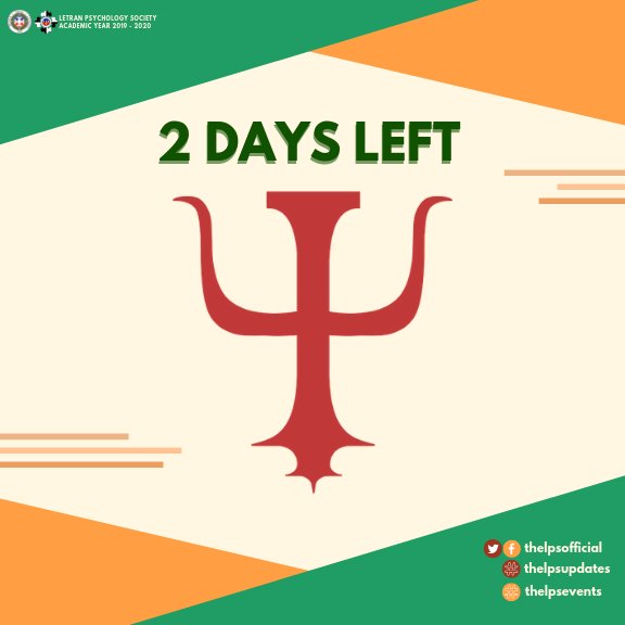 thelpsofficial's tweet photo. Are you guys ready?
2 days to go before another academic year starts! Letran Psychology Society is excited to make your academic year more fun and memorable!
Follow our official account or use the hashtag #thelpsupdates / #thelpsevents for future updates and events. ππͺπ½ https://t.co/pmQSwcTWhH