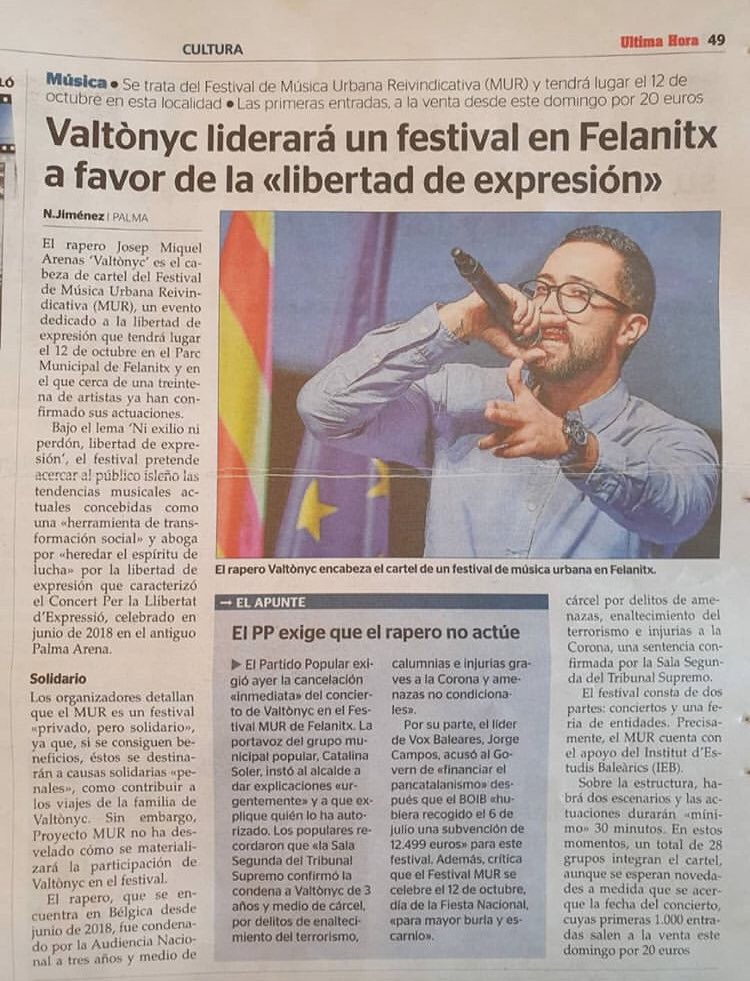 Ens veiem a Mallorca el 12 d’octubre al <a href="/MuRfestival/">MURfestival</a> amb <a href="/FreeValtonyc/">Llibertat Valtonyc</a> @LlibertatHasel <a href="/somrobaestesa/">12/12 ❤️‍🩹 L'ÚLTIMA ESTESA</a> <a href="/Elgio_ne/">Alex Nicolaev Elgio</a> i moltes més! 

#MúsicaUrbanaReivindicativa
#MUR19