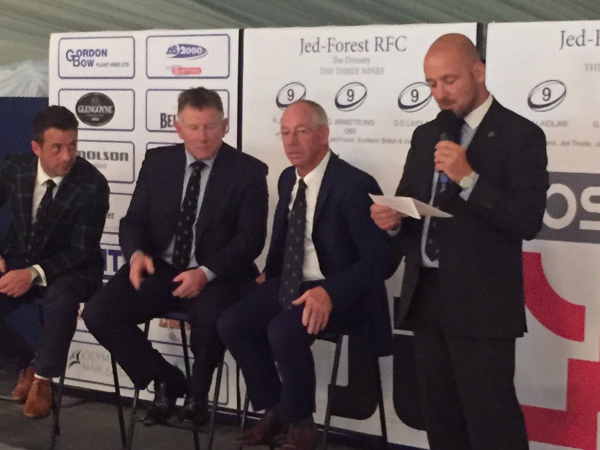 ScottHastings13's tweet photo. Brilliant evening back at my favourite Borders Rugby Club @JedforestRFC who honoured their 3x9s Roy Laidlaw, Greig Laidlaw &amp; Gary Armstrong who all played for @Scotlandteam @lionsofficial with @StuartWHOGG_ @15GavinHastings @JonnyWilkinson @dougiedonnelly @finn_russell #nosocks! https://t.co/jZNwWe6c6C