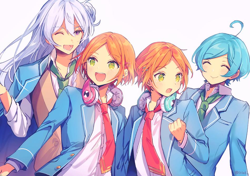 multiple boys necktie orange hair blue hair headphones school uniform smile  illustration images