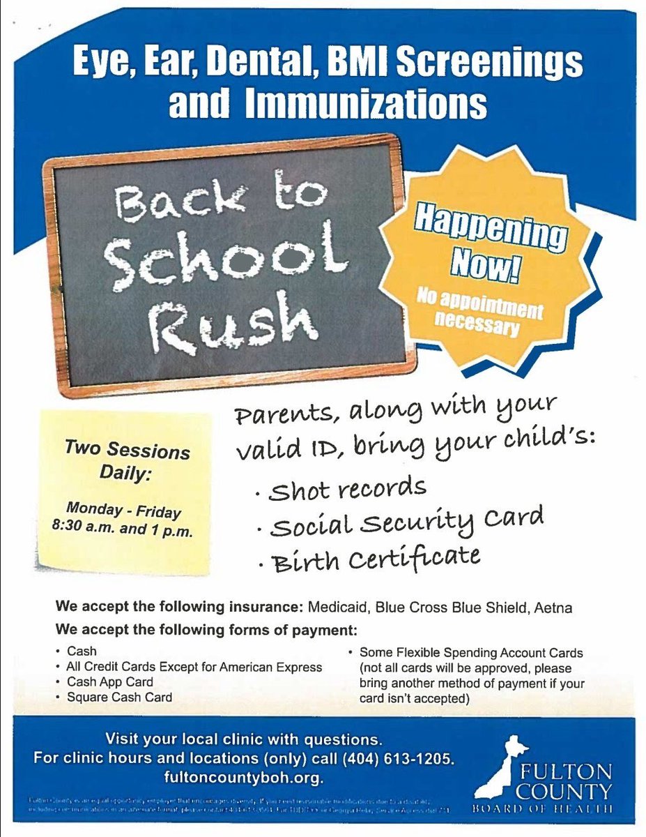 Dr. Katika D. Lovett (@klovettdse) on Twitter photo 🗣Attention ALL <a href="/apsupdate/">ATL Public Schools</a> parents 👋🏼! Is your child in need of immunizations 💉 for the 2019-20 school year? Don’t wait! Check out the flyer ⬇️ & visit your local Fulton County Health Clinic during next week’s back 2 school rush! 👌🏼
**Principals/Teachers/CLL** Please Retweet! 🙌🏼 🗣Attention ALL <a href="/apsupdate/">ATL Public Schools</a> parents 👋🏼! Is your child in need of immunizations 💉 for the 2019-20 school year? Don’t wait! Check out the flyer ⬇️ & visit your local Fulton County Health Clinic during next week’s back 2 school rush! 👌🏼
**Principals/Teachers/CLL** Please Retweet! 🙌🏼