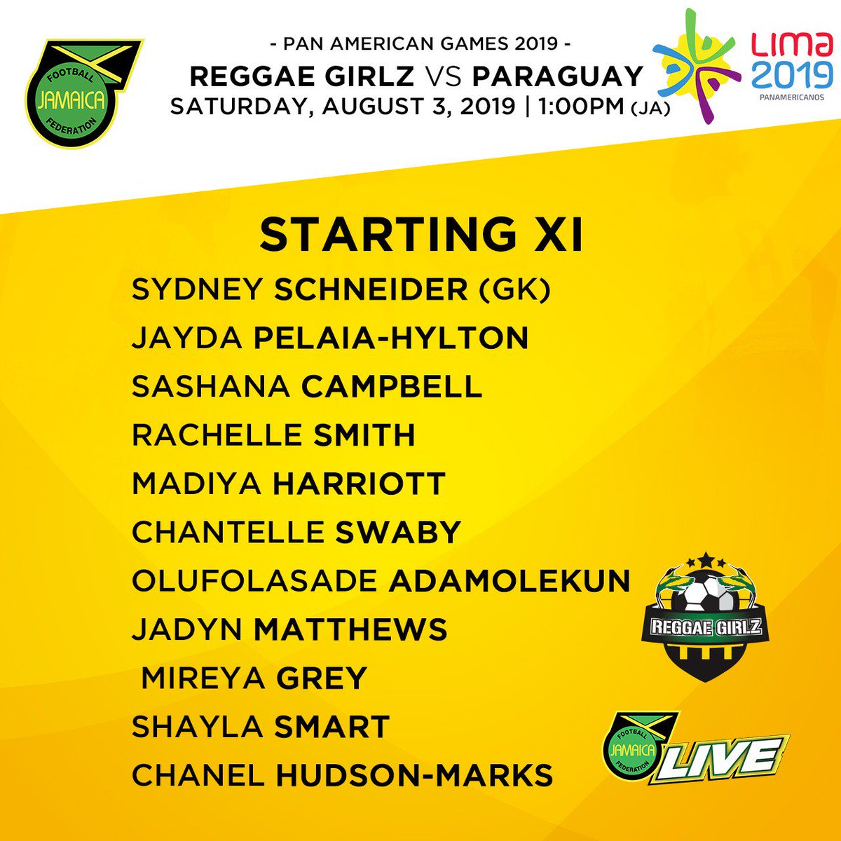 || Matchday 🇯🇲 vs 🇵🇾 ||#ReggaeGirlz starting XI for their game against Paraguay ! ||#PanAmGames🏆
Matchtime: 1PM
Tune in to ESPN for the action 🇯🇲🇯🇲🇯🇲 #JFFLive
#ReggaeGirlz
#ReggaeFootball
#StillOnTheBall