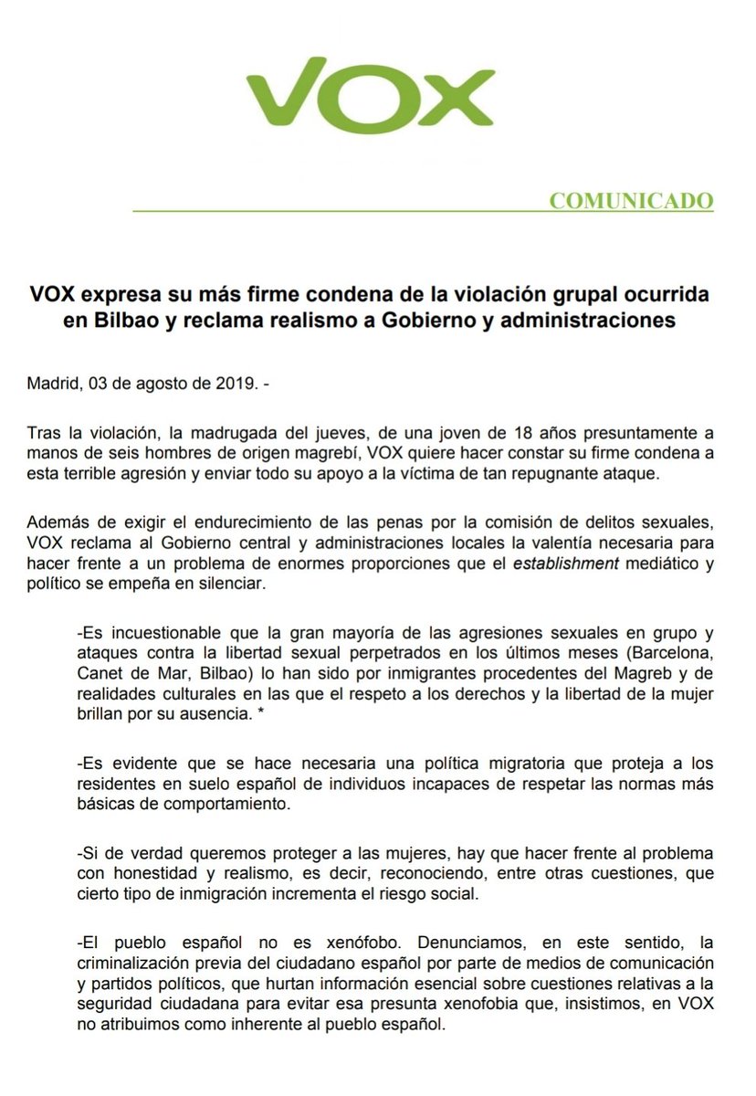 vox_es's tweet photo. 🚨 VOX expresa su más firme condena de la violación grupal ocurrida en Bilbao y reclama realismo a Gobierno y administraciones ante los numerosos casos de violencia provocados por extranjeros.

📰 https://t.co/33OkPONtmv

📢 RT Difunde, las televisiones lo censurarán.

⬇ HILO ⬇ https://t.co/Cf4XqUKiZb