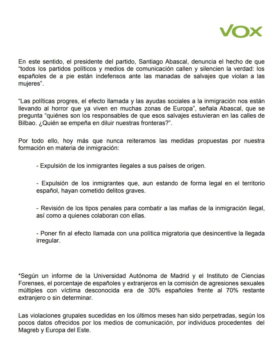 vox_es's tweet photo. 🚨 VOX expresa su más firme condena de la violación grupal ocurrida en Bilbao y reclama realismo a Gobierno y administraciones ante los numerosos casos de violencia provocados por extranjeros.

📰 https://t.co/33OkPONtmv

📢 RT Difunde, las televisiones lo censurarán.

⬇ HILO ⬇ https://t.co/Cf4XqUKiZb